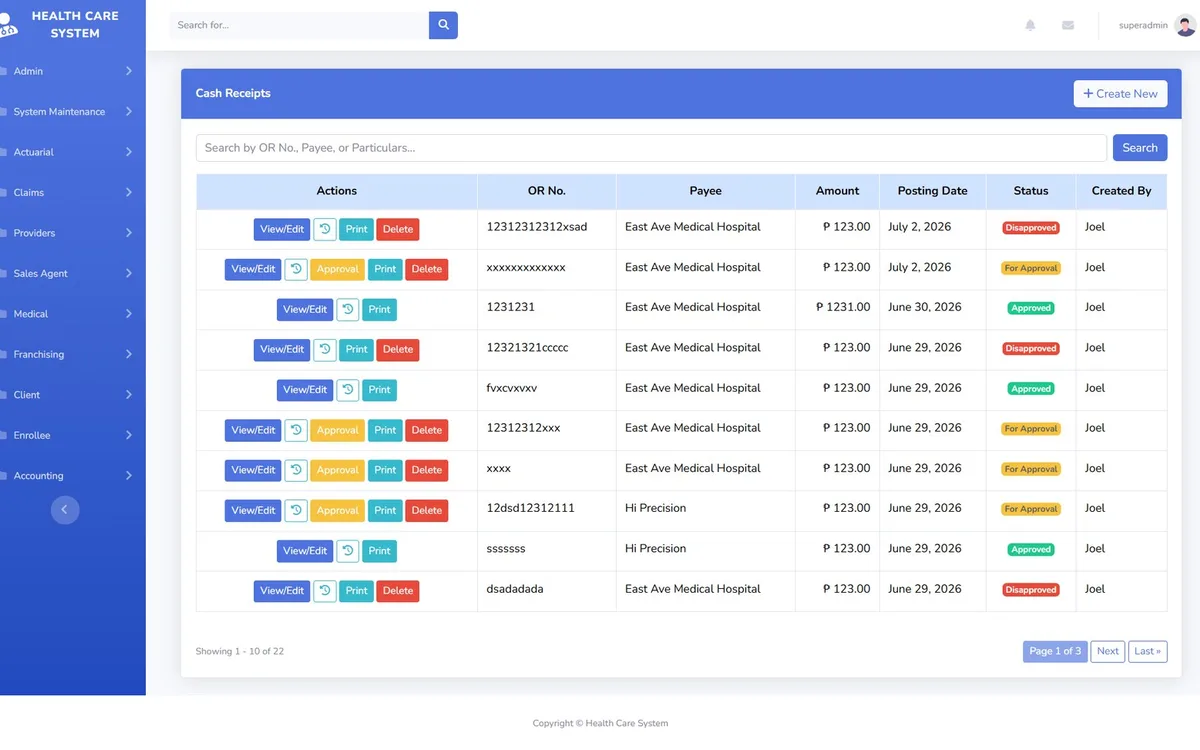 CHMF Healthcare and Accounting System cash receipts table