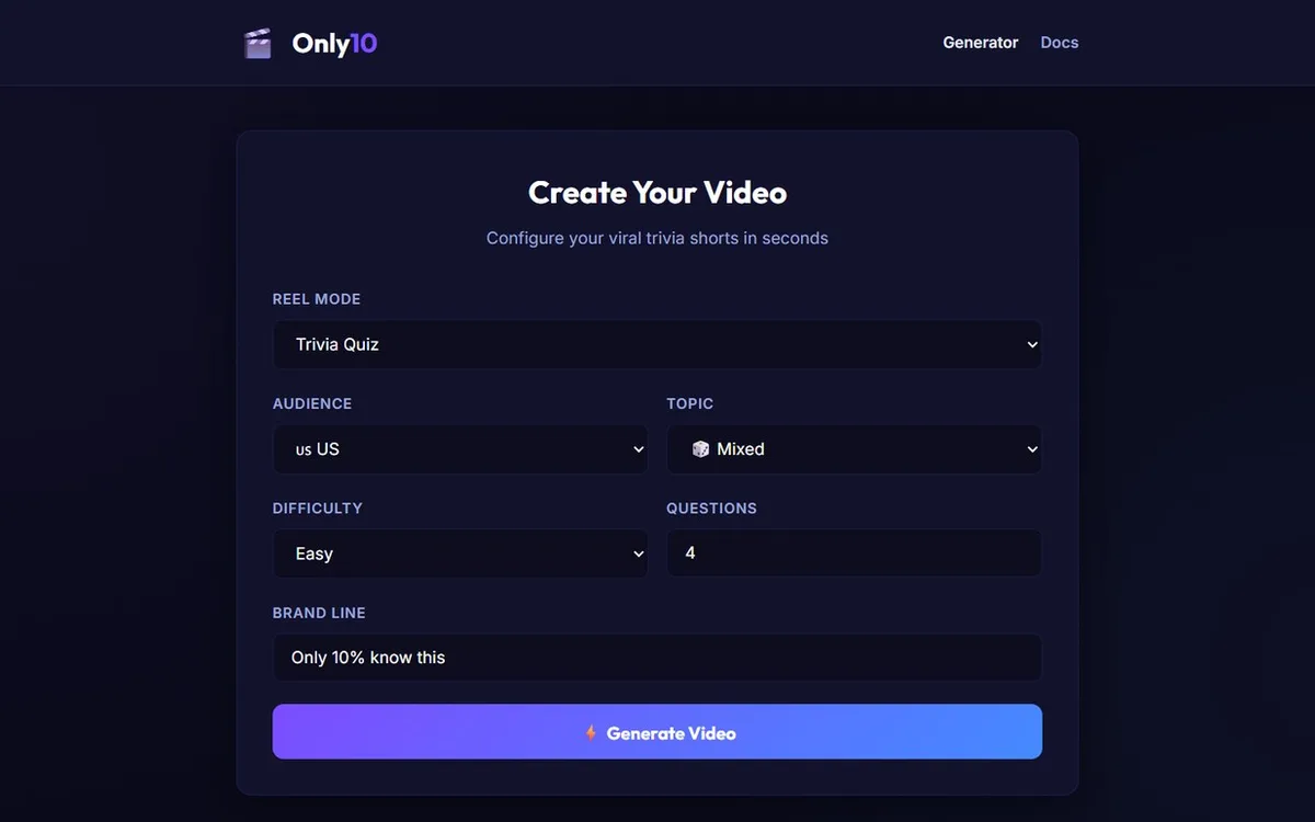 Only10 trivia video generator configuration screen